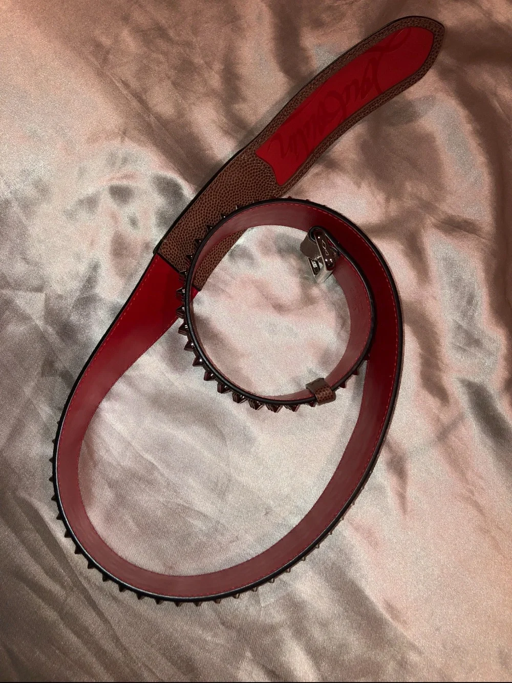 Christian Louboutin Brown Textured Spike Belt with Red Lining